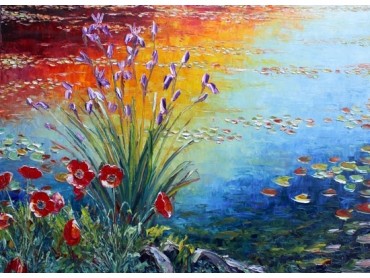 an almost Monet pond scene with poppies and irises in the foreground